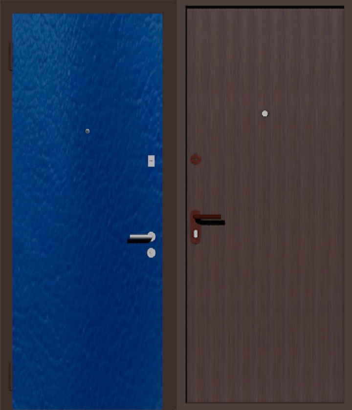 дверь металлическая дешевая с отделкой винилискожей коричневой с  внутренней стороны и синяя с наружной 